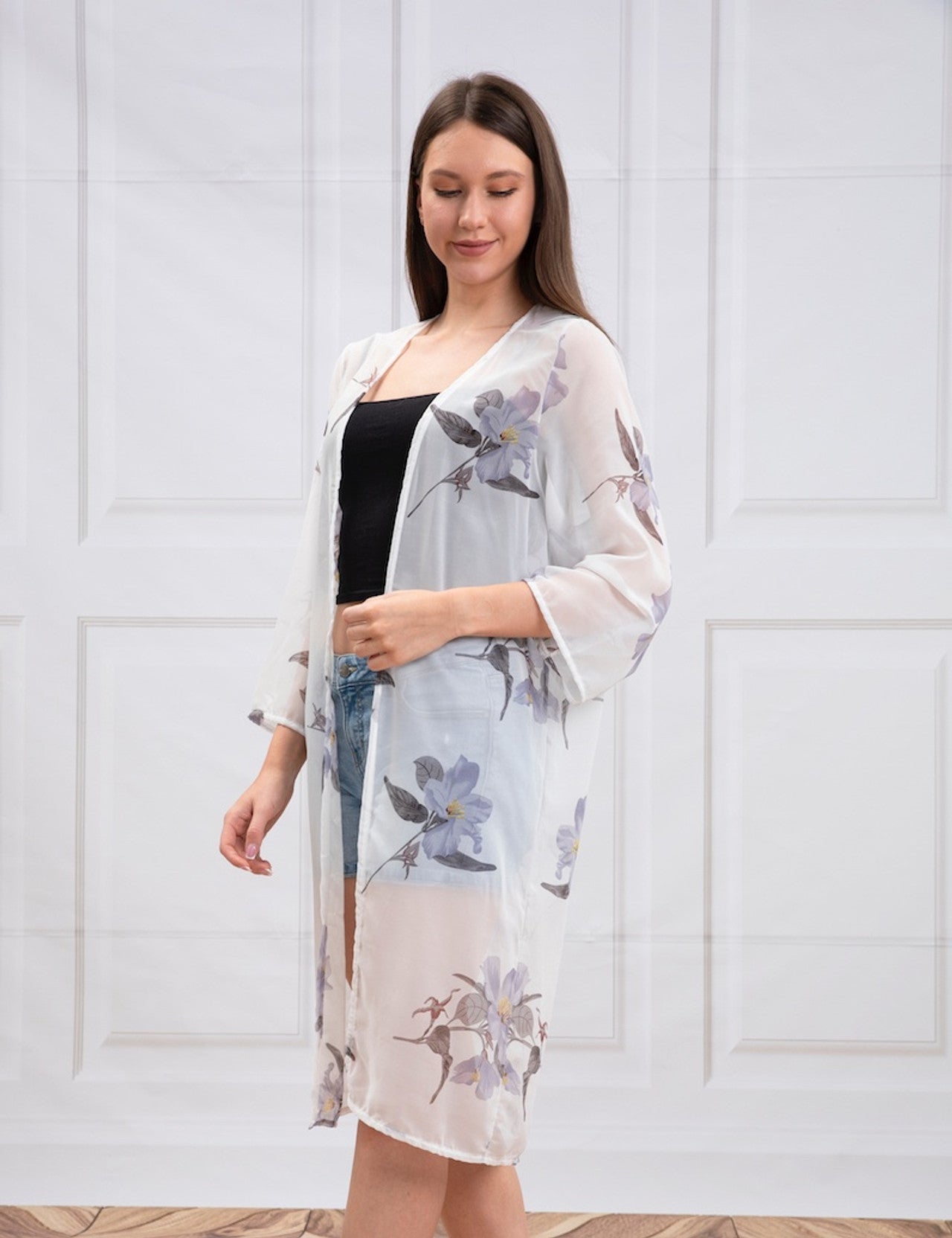 White & Pastel Floral Kimono/One Size