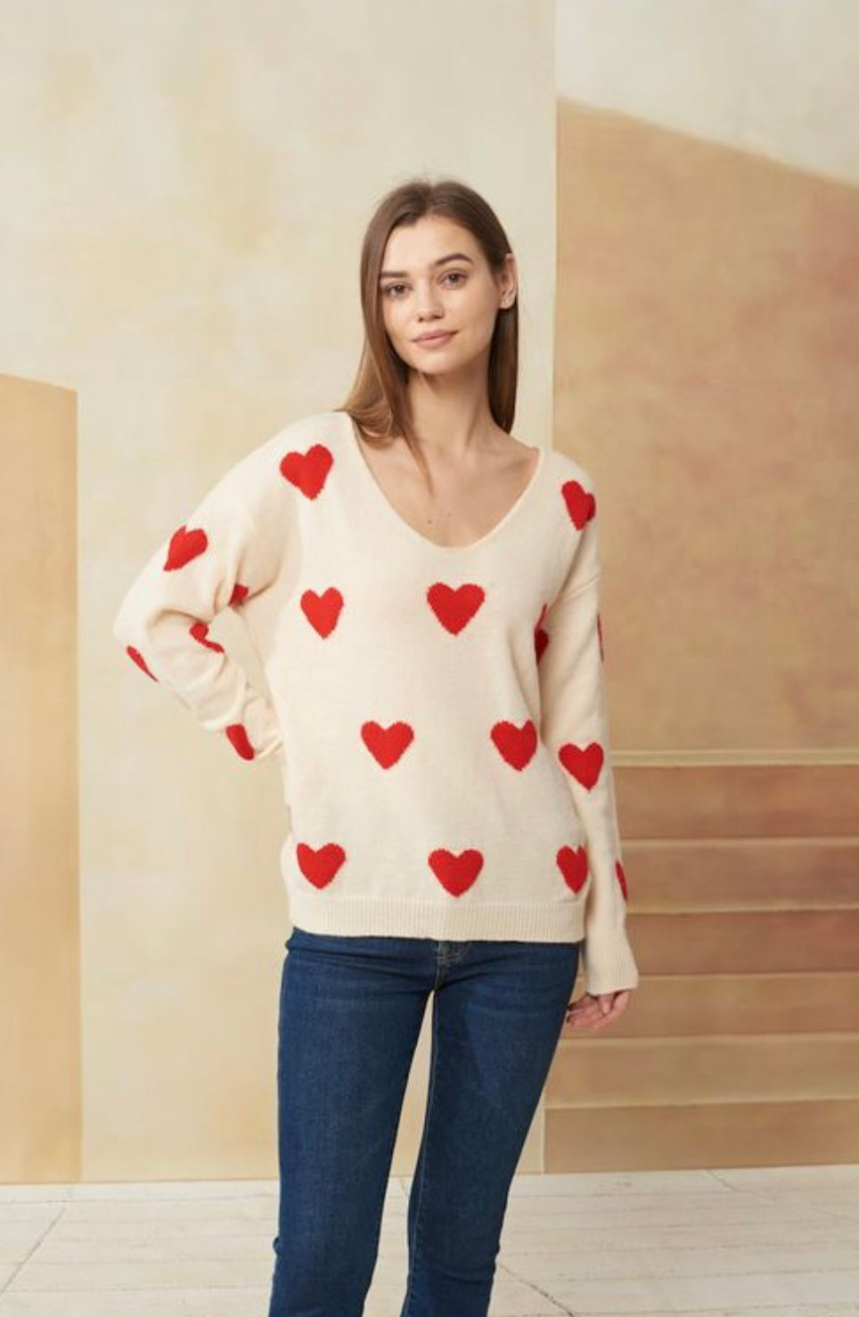 Beige & Red Heart Sweater - One Size