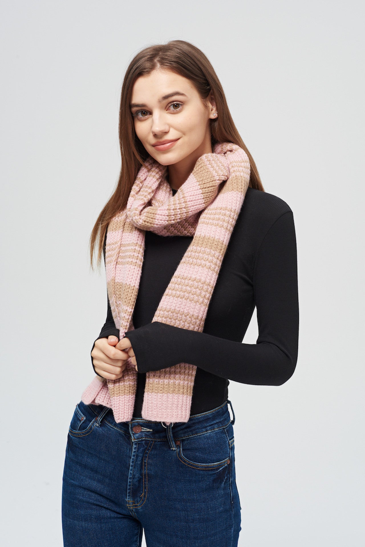 Rib Knit Scarf - Pink & Beige Stripe