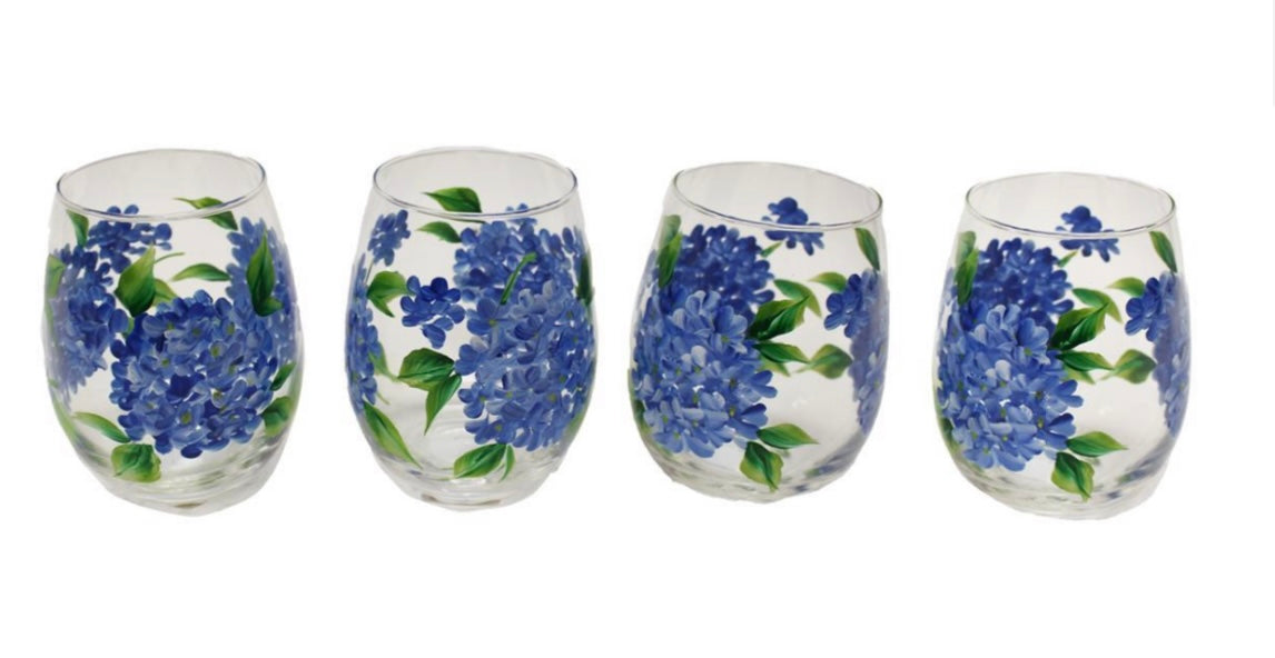 Blue Hydrangea Stemless Wine Glass