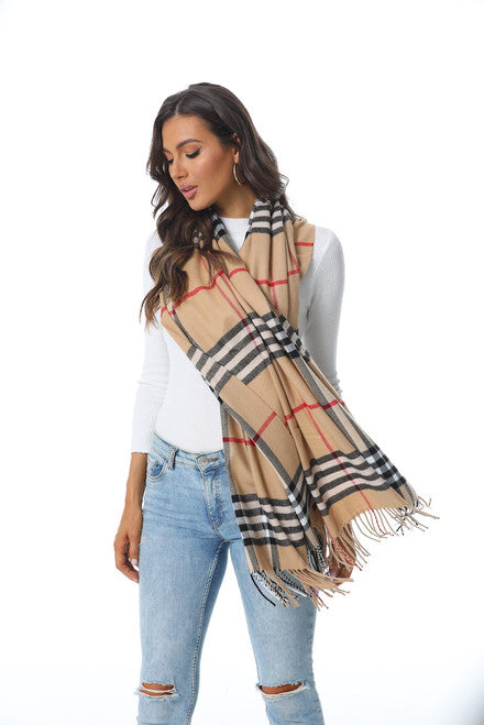 Beige Red & Black Plaid Scarf