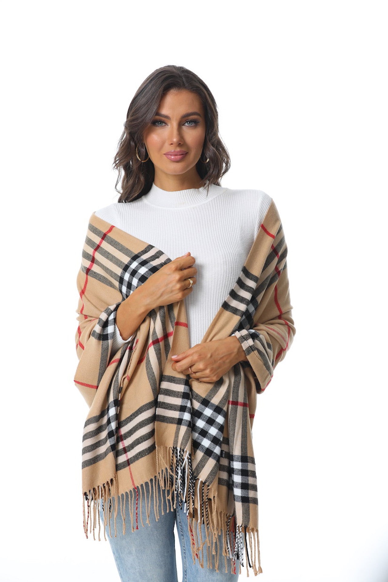 Beige Red & Black Plaid Scarf