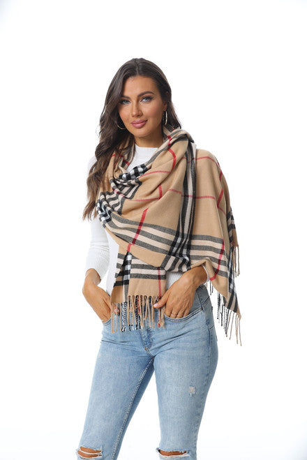 Beige Red & Black Plaid Scarf