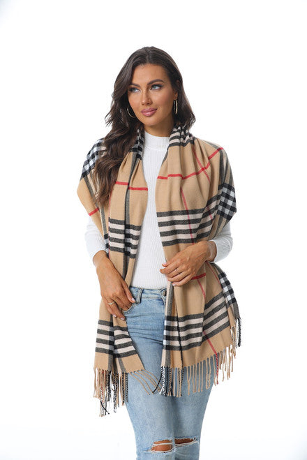 Beige Red & Black Plaid Scarf