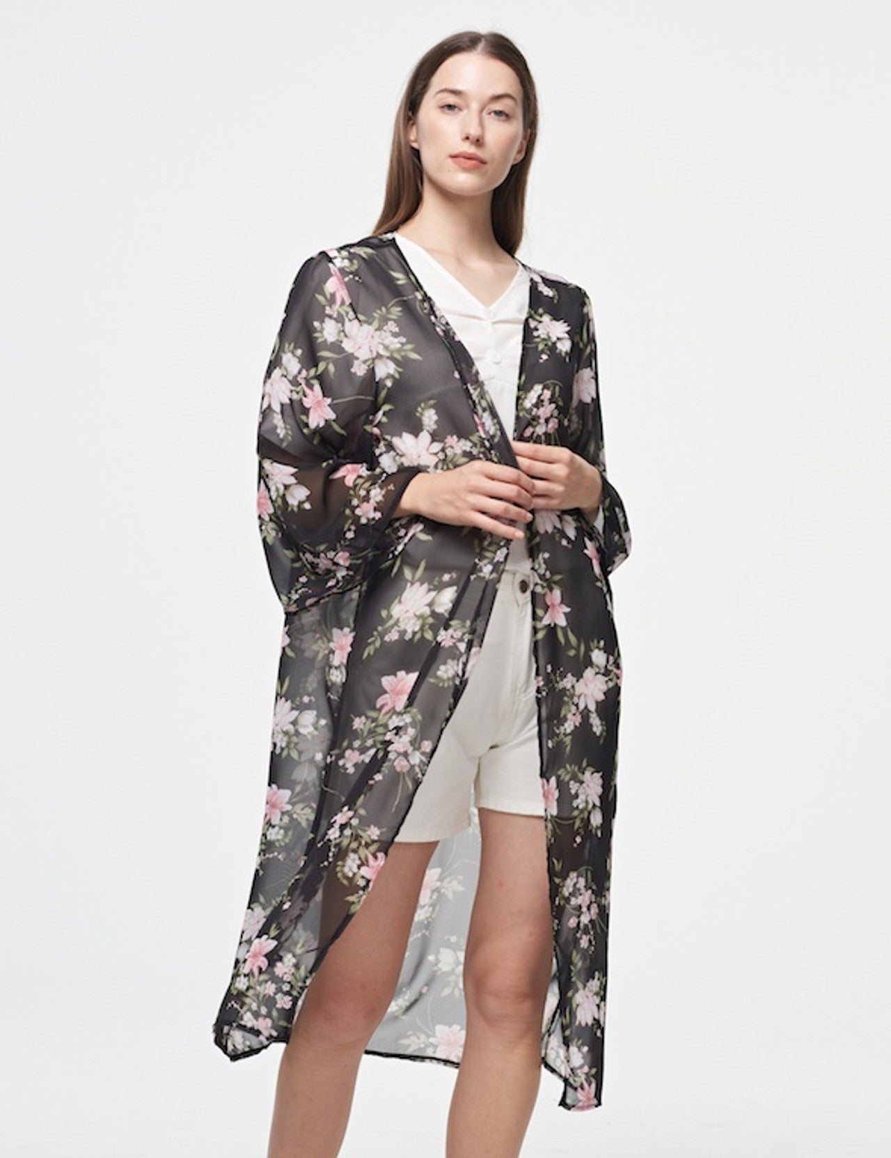 Black Floral Kimono + Pink & White
