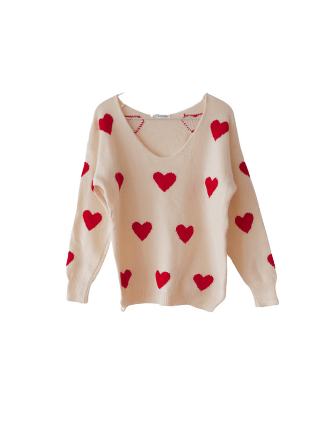 Beige & Red Heart Sweater - One Size